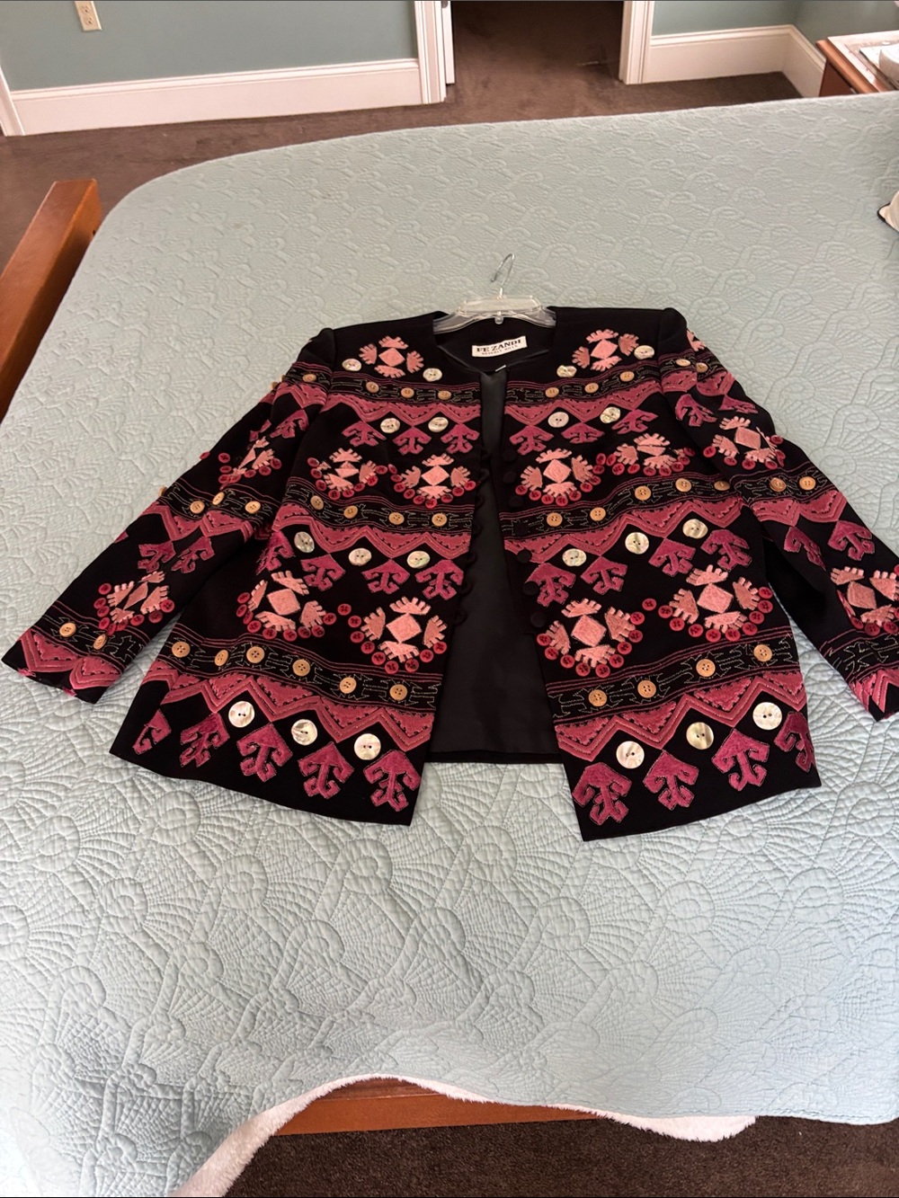 Embroidered Black Blazer with Pink Floral Accents